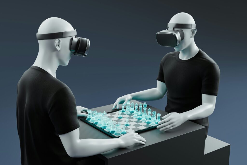 2 players wearing headset and playing chess